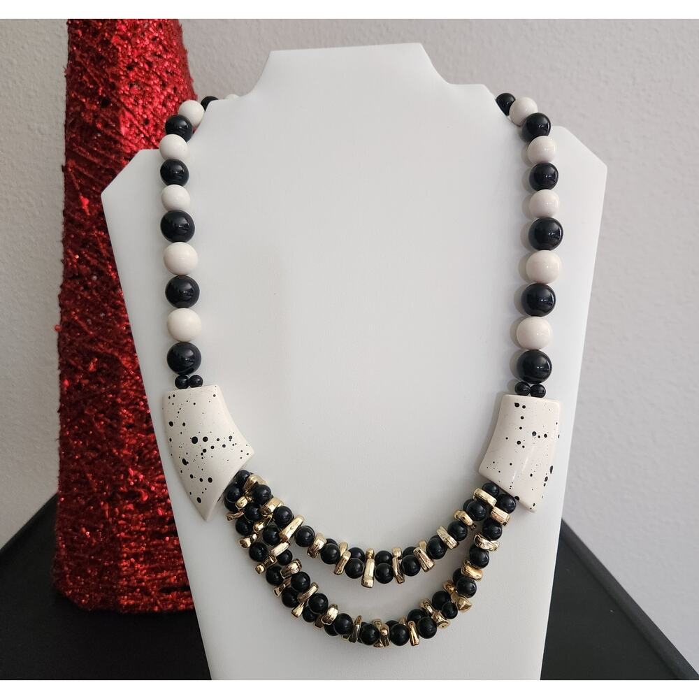 Vintage 90's Chunky Beaded Necklace Black White & Gold Heavy Plastic Beads